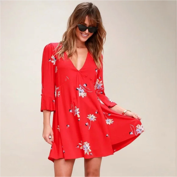 Free People Dresses & Skirts - Free People Time On My Side Floral Wrap Dress Red Bell Sleeves Mini Dress